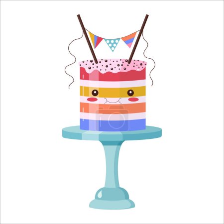 Ilustración de Lindo personaje de pastel de celebración de cumpleaños. Pastel de guirnalda de dibujos animados kawaii sonriente, postre divertido, panadería en capas coloridas decoradas con hielo. Pastel de pies felices en dulce expresión. - Imagen libre de derechos