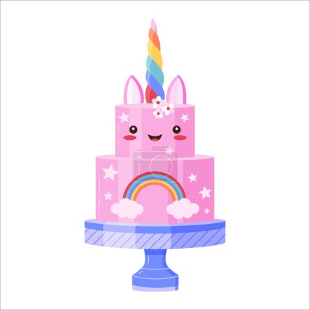 Ilustración de Lindo personaje de pastel de celebración de cumpleaños. Comida de unicornio rosa kawaii sonriente, postre divertido con cuerno de arco iris comestible, panadería decorada con estrellas y flores. Pastel de pies felices en dulce expresión. - Imagen libre de derechos