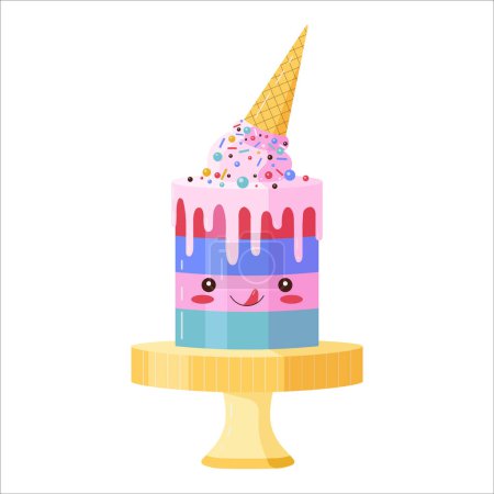 Ilustración de Lindo personaje de pastel de celebración de cumpleaños. Pastel de helado de dibujos animados Kawaii, postre divertido, panadería en capas coloridas decoradas con hielo. Pastel de pies en dulce expresión con la lengua sobresaliendo. - Imagen libre de derechos