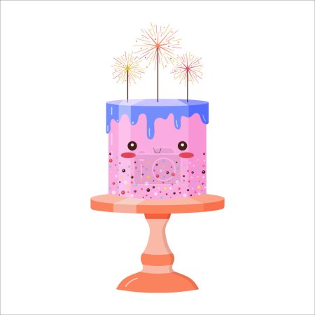 Téléchargez les illustrations : Mignon personnage de gâteau de célébration d'anniversaire. Gâteau de dessin animé souriant kawaii avec des lumières bengales brûlantes sur le dessus. Drôle de dessert stratifié décoré avec des lumières scintillantes. Gâteau aux pieds heureux dans une expression douce. - en licence libre de droit