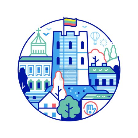 Illustration for Travel Vilnius icon inspired by Gediminas castle tower building. Thin line Lithuania capital tourist landmark circle emblem with historic Old town skyline view. - Royalty Free Image