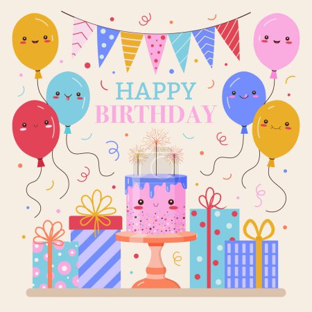 Ilustración de Feliz cumpleaños concepto de tarjeta de felicitación con lindo pastel kawaii, globos de dibujos animados, confeti, guirnalda de colores, cajas de lazo de cinta de regalo y texto. Fiesta de cumpleaños invitación postal con personajes divertidos. - Imagen libre de derechos