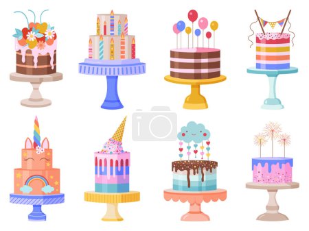 Illustration for Birthday celebration cakes for children parties and corporate events. Colorful baked desserts set with anniversary candles, cream icing and decoration. Holiday party sweets collection. - Royalty Free Image