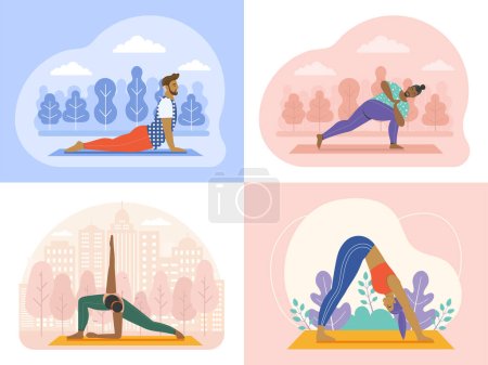 Illustration for Men and women meditating and doing fitness exercises outdoors. Diverse people practicing yoga in city park. Outdoor workout scenes with male and female training at nature. - Royalty Free Image