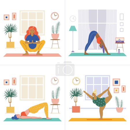 Ilustración de Escenas de ejercicios en casa con chicas haciendo yoga en interiores o ejercicios de fitness. Diferentes jóvenes practicando yoga y estirándose en la sala de estar. - Imagen libre de derechos