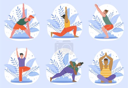 Illustration for Diverse men doing yoga and meditation at nature. Different males meditating and doing fitness exercises outdoors. Set of man practicing yoga, stretching and training at outdoor workout. - Royalty Free Image