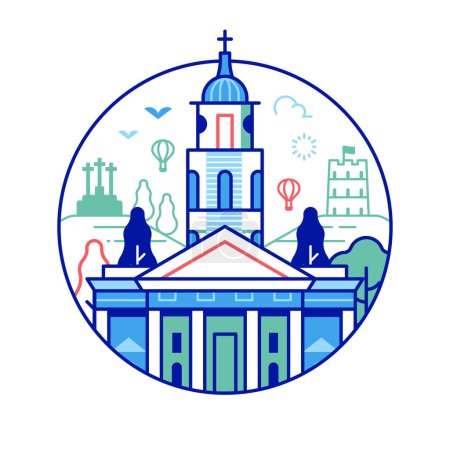 Illustration for Travel Vilnius icon inspired by cathedral and castle hill. Thin line Lithuania capital tourist landmark circle emblem with historic Old town skyline view. - Royalty Free Image