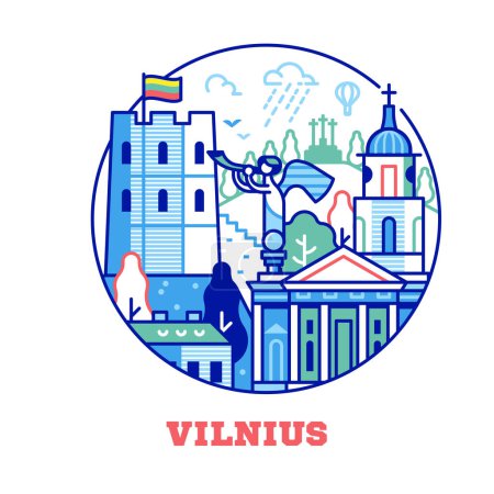 Illustration for Travel Vilnius icon inspired by Gediminas castle tower and cathedral buildings. Thin line Lithuania capital tourist landmark circle emblem with historic Old town skyline view. - Royalty Free Image