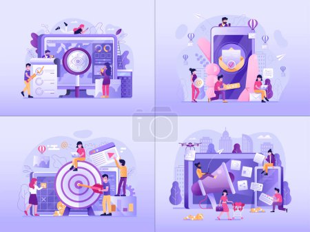 Illustration for Web marketing business illustrations. Social media promotion gradient scenes for advertising services. Company strategy, email campaign, main business goals and website analytic concepts. - Royalty Free Image