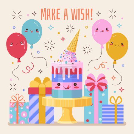Ilustración de Deseando feliz cumpleaños tarjeta de felicitación con lindo pastel kawaii, globos de dibujos animados, confeti, guirnalda de colores, cajas de lazo de cinta de regalo y texto. Fiesta de cumpleaños invitación postal con personajes divertidos. - Imagen libre de derechos