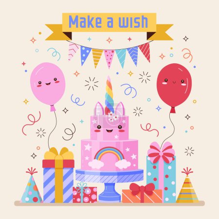 Ilustración de Deseando feliz cumpleaños tarjeta de felicitación con lindo pastel kawaii, globos de dibujos animados, confeti, guirnalda de colores, cajas de lazo de cinta de regalo y texto. Fiesta de cumpleaños invitación postal con personajes divertidos. - Imagen libre de derechos