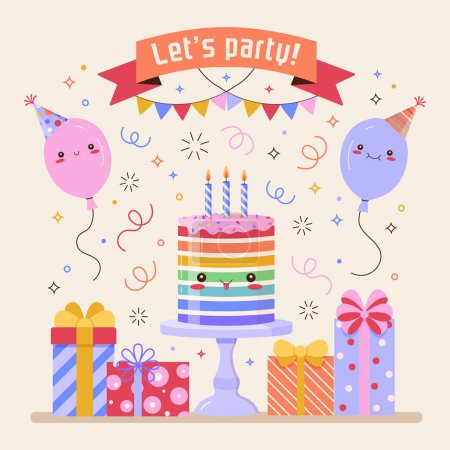 Ilustración de Tarjeta de invitación a la fiesta de cumpleaños con lindo pastel kawaii, globos de dibujos animados, confeti, guirnalda de colores, cajas de lazo de cinta de regalo y texto. Fiesta de cumpleaños postal con personajes divertidos. - Imagen libre de derechos