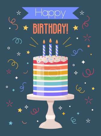 Ilustración de Feliz cumpleaños concepto de tarjeta de felicitación con pastel, confeti y la celebración de texto. Fiesta de cumpleaños invitación postal. - Imagen libre de derechos