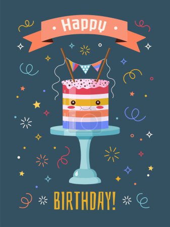 Téléchargez les illustrations : Joyeux anniversaire concept de carte de voeux avec gâteau mignon, confettis et texte de célébration. Carte postale d'invitation de fête d'anniversaire avec le personnage drôle de kawaii. - en licence libre de droit