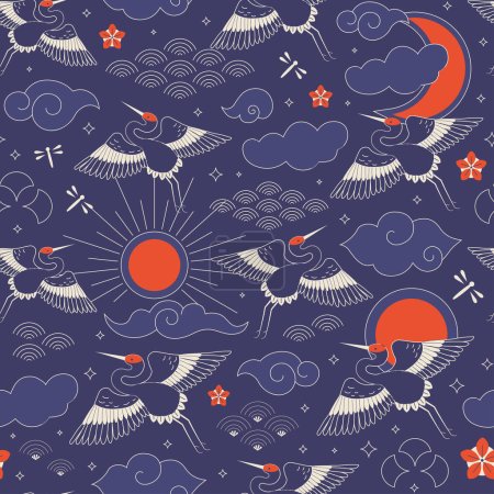 Japanese red crowned cranes seamless pattern. Tsuru birds flying in sky with moon, sun and oriental clouds with spiral swirls. Asian repeating background for fabric, textiles and gift wrapping paper.