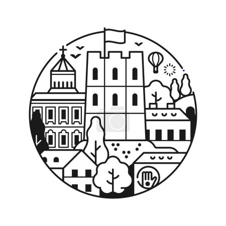 Ilustración de Viajar Vilna icono inspirado en el edificio de la torre del castillo de Gediminas. Línea delgada Lituania capital turístico emblema del círculo emblemático con la histórica ciudad vieja vista del horizonte. - Imagen libre de derechos
