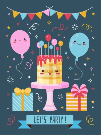 Ilustración de Tarjeta de invitación a la fiesta de cumpleaños con lindo pastel kawaii, globos de dibujos animados, confeti, guirnalda de colores, cajas de lazo de cinta de regalo y texto. Fiesta de cumpleaños postal con personajes divertidos. - Imagen libre de derechos