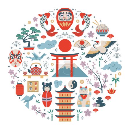 Ilustración de Tarjeta de viaje Love Japan con elementos de diseño estilizados en forma de círculo. Impresión japonesa con símbolos culturales como muñecas daruma, origami, sakura e iconos de la ceremonia del té en estilo vintage. - Imagen libre de derechos