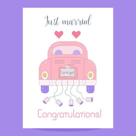 Illustration for Greeting card with just married getaway car with cans and Lets go sign. Congratulations postcard for bride and groom for wedding day. Minimal congrats card for newlyweds on white background. - Royalty Free Image