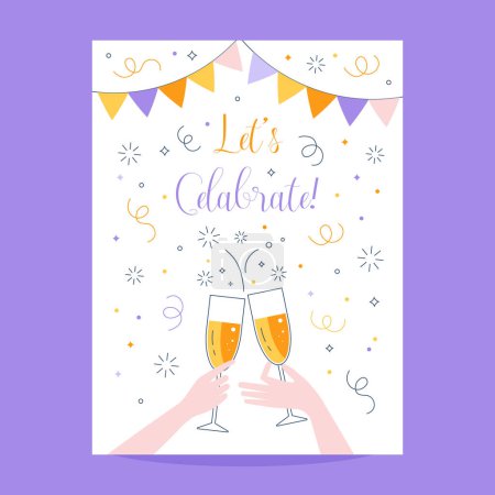 Illustration for Lets Celebrate greeting card with garlands and two hands holding touch glasses of sparkling champagne. Congratulations postcard line illustration. Two clinking glasses with champagne cheers. - Royalty Free Image