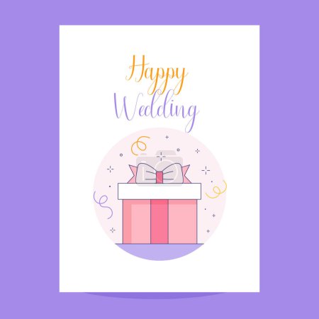 Ilustración de Tarjeta de felicitación de boda feliz con caja de regalo en diseño de arte de línea. Felicitaciones ilustración postal. - Imagen libre de derechos