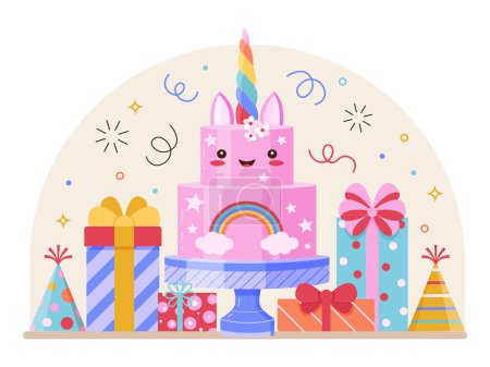 Ilustración de Feliz cumpleaños concepto de saludo con lindo pastel kawaii, confeti y cajas de lazos de cinta de regalo. Fiesta de celebración de cumpleaños escena festiva en diseño plano. - Imagen libre de derechos