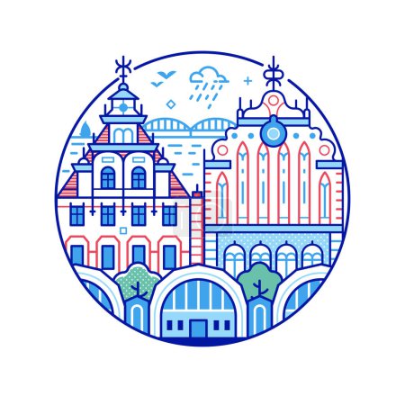Illustration for Travel Riga icon with merchant Black Head house at town hall square, Central market and Baltic sea. Latvia capital circle emblem in line art design. - Royalty Free Image