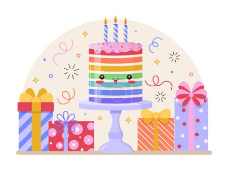 Ilustración de Feliz cumpleaños concepto de saludo con lindo pastel kawaii, confeti y cajas de lazos de cinta de regalo. Fiesta de celebración de cumpleaños escena festiva en diseño plano. - Imagen libre de derechos