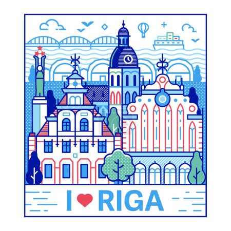 Illustration for I love Riga travel poster with Old town cityscape and main landmarks. Such as cathedral, merchant Blackhead house, Freedom monument, Central market and Baltic sea. Latvia capital skyline in line art. - Royalty Free Image