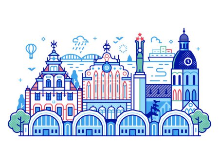 Illustration for Riga cityscape with cathedral, merchant Black Head house at town hall square, Freedom monument, Central market and Baltic sea. Europe medieval Old town skyline. Latvia capital in line art design. - Royalty Free Image