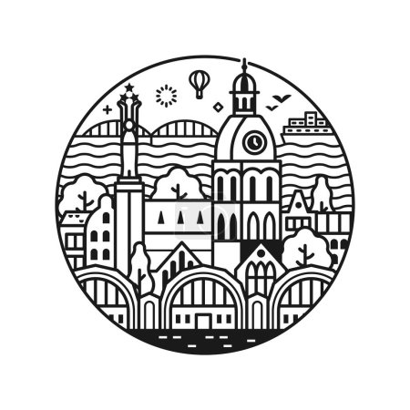 Illustration for Travel Riga icon with medieval gothic cathedral, Freedom monument, Central market and Baltic sea. Latvia capital circle emblem in line art design. - Royalty Free Image