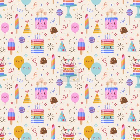 Illustration for Happy Birthday seamless pattern with cute kawaii cakes, cartoon balloons, confetti, lolly pops, party hats, ice cream and sparklers. Party celebration repeating background with funny characters. - Royalty Free Image
