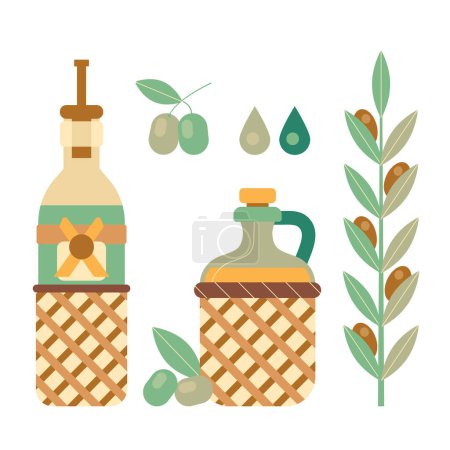 Ilustración de Rama de olivo, aceitunas verdes y aceite de oliva italiano en botella de mimbre de vidrio envuelto. Icono griego de productos oleícolas en diseño plano geométrico. - Imagen libre de derechos