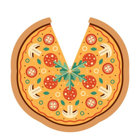 Téléchargez les illustrations : Pizza italienne aux champignons, salami, fromage, tomates, olives et roquette. Tarte à pizza tranchée icône géométrique design plat. - en licence libre de droit