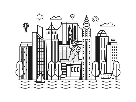 Ilustración de Moderno paisaje urbano de Nueva York con rascacielos, edificios de oficinas y estatua de la Libertad. Paisaje urbano con centro de negocios distrito en línea diseño de arte. Banner de horizonte de metrópolis abstracta. - Imagen libre de derechos