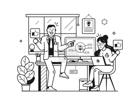 Illustration for Team members give positive feedback on employee. Excellent work results and achievements appreciation. Company employee evaluation process. High results congratulations line art concept illustration. - Royalty Free Image