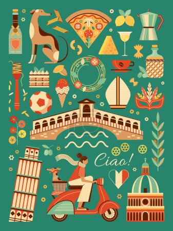 Illustration for Italy travel poster with woman riding scooter and Italian greyhound in basket. Italian vintage design elements collection of iconic landmarks, traditional food and popular cultural symbols. - Royalty Free Image