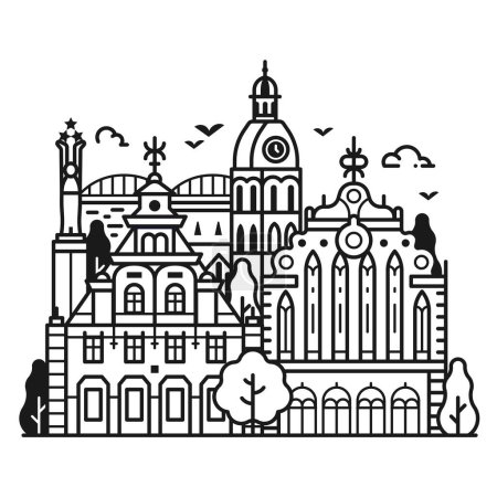 Illustration for Riga cityscape with cathedral, merchant Black Head house at town hall square, Freedom monument and Baltic sea. Europe medieval Old town skyline. Latvia capital in line art design. - Royalty Free Image