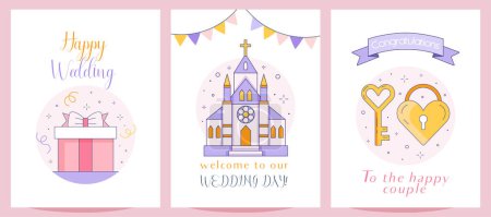 Illustration for Wedding wishes greeting cards with festive gift and romantic church. Happy wedding day congratulation postcards or celebration party invitations in line illustration. Get married greetings. - Royalty Free Image
