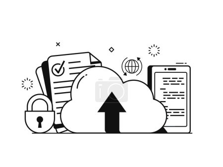 Illustration for Cloud computing services and data storage technology concept for website and mobile applications. Web hosting and remote file management illustration in line art design. - Royalty Free Image