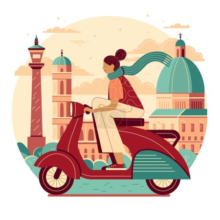 Ilustración de Chica montando scooter retro en el fondo de la vieja ciudad europea con famosos monumentos arquitectónicos. Mujer joven conduciendo motocicleta vintage en Italia. Ilustración del concepto de turismo urbano italiano. - Imagen libre de derechos