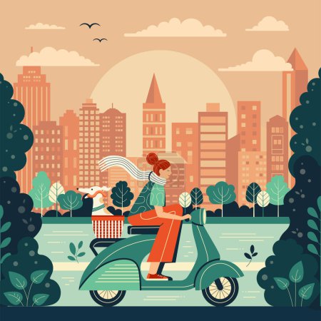 Illustration for Girl riding retro green scooter with excited Italian greyhound in basket. Woman driving vintage motorbike with dog in pet carrier. Female exploring city park along river with cityscape on background. - Royalty Free Image