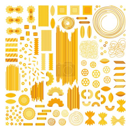 Illustration for Italian pasta types set on white background. Spaghetti and noodles italian cuisine pasta collection for menu design, cookbooks and cards. - Royalty Free Image
