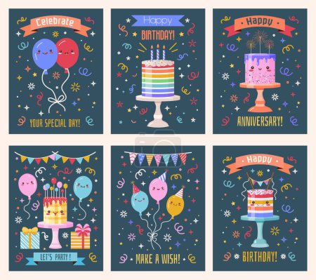 Illustration for Birthday party and happy anniversary celebration cards and invitations collection with kawaii cakes, balloons, confetti and garlands. Greetings and congratulations festive postcards collection. - Royalty Free Image