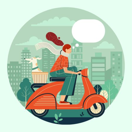Téléchargez les illustrations : Fille équitation rétro scooter vert avec lévrier italien excité dans le panier. Femme conduite moto vintage avec chien dans le transporteur d'animaux de compagnie. Femme explorant le parc de la ville sur le paysage urbain. - en licence libre de droit