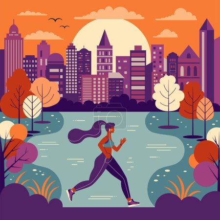 Illustration for Young woman with audio player listening music at park running by pond at downtown. Active girl wearing sport bra and shorts jogging at city public park by sunset. Healthy lifestyle concept. - Royalty Free Image