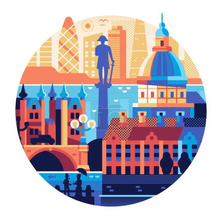Illustration for Travel London geometric icon or sticker with admiral Nelson statue and church dome on Thames river inspired by famous Saint Paul cathedral landmark. Visit UK concept in circle shape. - Royalty Free Image