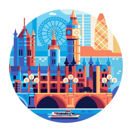 Ilustración de Viaje icono geométrico de Londres o pegatina con la torre del reloj y el edificio del parlamento en el río Támesis inspirado en el famoso Big Ben y Westminster Palace hito. Visita el concepto del Reino Unido en forma de círculo. - Imagen libre de derechos