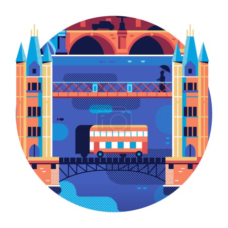 Illustration for Travel London geometric icon or sticker with red bus and colorful bridge inspired by famous tower bridge landmark. Visit UK concept in circle shape with popular Great Britain tourist symbol. - Royalty Free Image