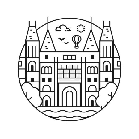 Téléchargez les illustrations : Icône de voyage Amsterdam avec bâtiment historique inspiré par le musée national du Rijksmuseum. Emblème du cercle de la capitale néerlandaise avec attraction touristique dans la conception d'art linéaire. - en licence libre de droit